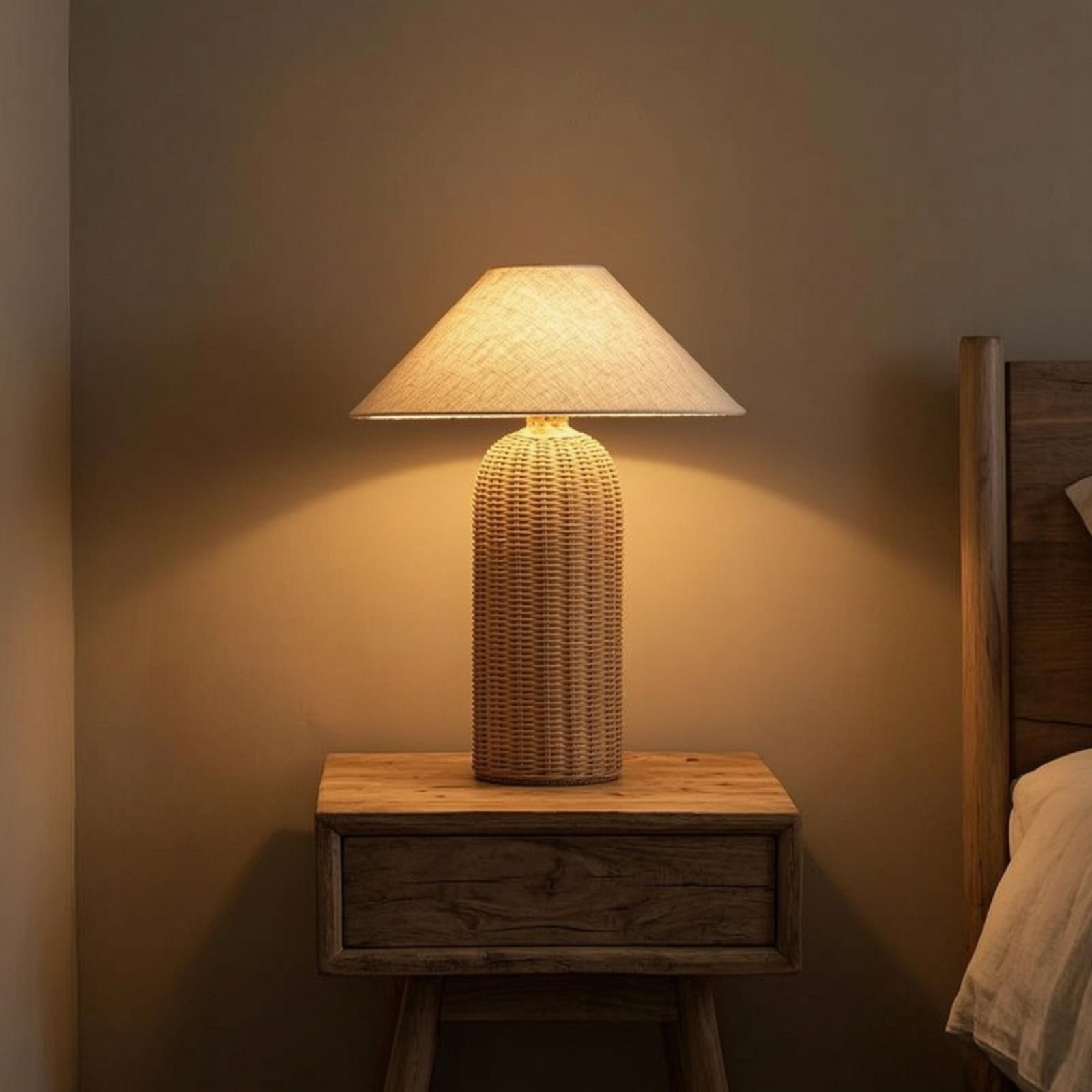 Desk Setup Lamp - โคมไฟข้างเตียง ฐานหวาย โคมผ้า โคมไฟตั้งโต๊ะ ไฟตกแต่งสำหรับห้องนอน ห้องนั่งเล่น