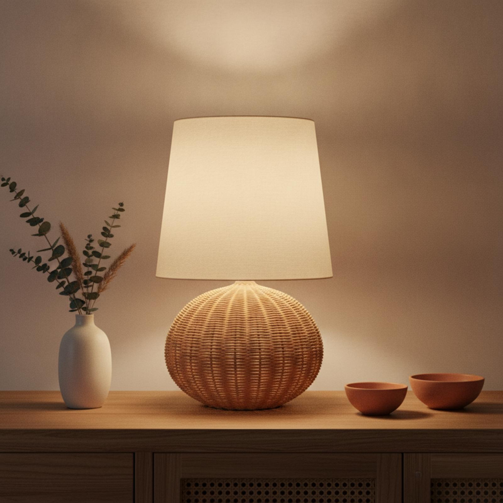 โคมไฟข้างเตียง ฐานหวาย โคมผ้า  - Desk Setup Lamp บทวิจารณ์และราคา